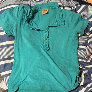 Tory Burch Teal Ruffle Collar Polo Shirt